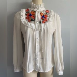 White Sheer Embroidered Vintage-Style Dress Shirt/Blouse, US Size Small